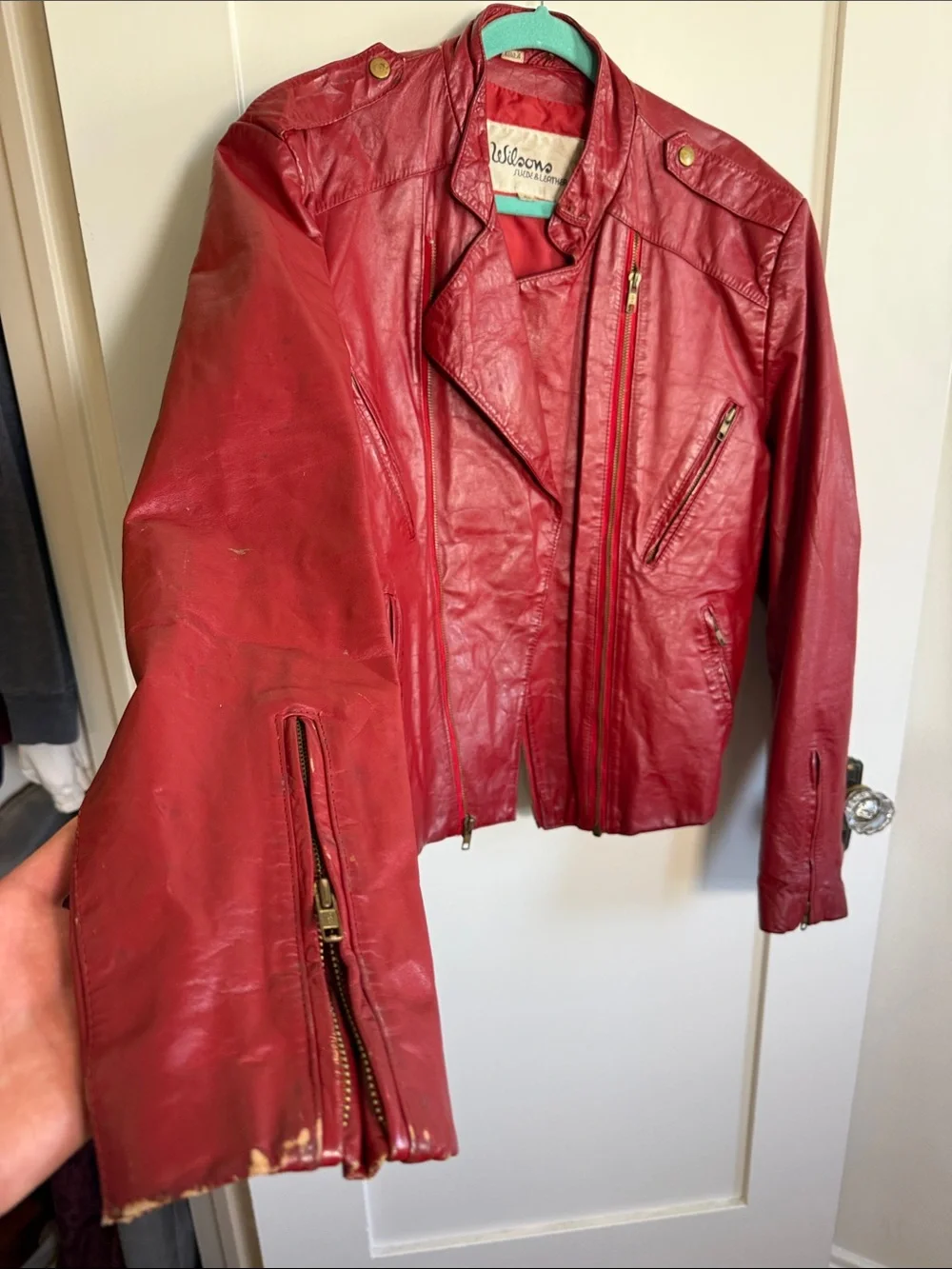 Vintage Wilsons Red Leather Moto Biker Jacket Size 42